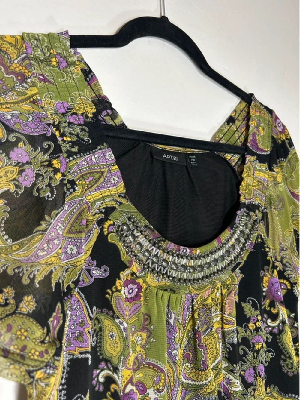 Y2K Green Off the Shoulder Beaded Paisley Boho Frilly Babydoll Top